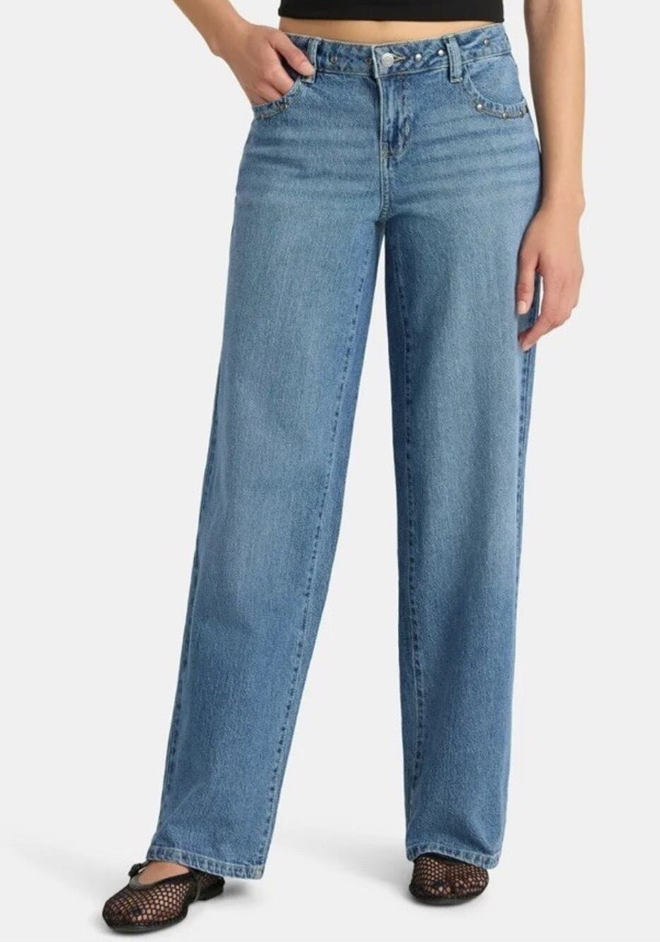 Low Rise Baggy Relaxed Studded Jeans Size 00 Streetwear Y2K 90s No Boundaries